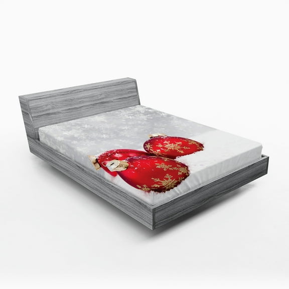 Ambesonne Christmas Fitted Sheet 2 Pcs Set, Baubles on Snowflake, California King, Red White