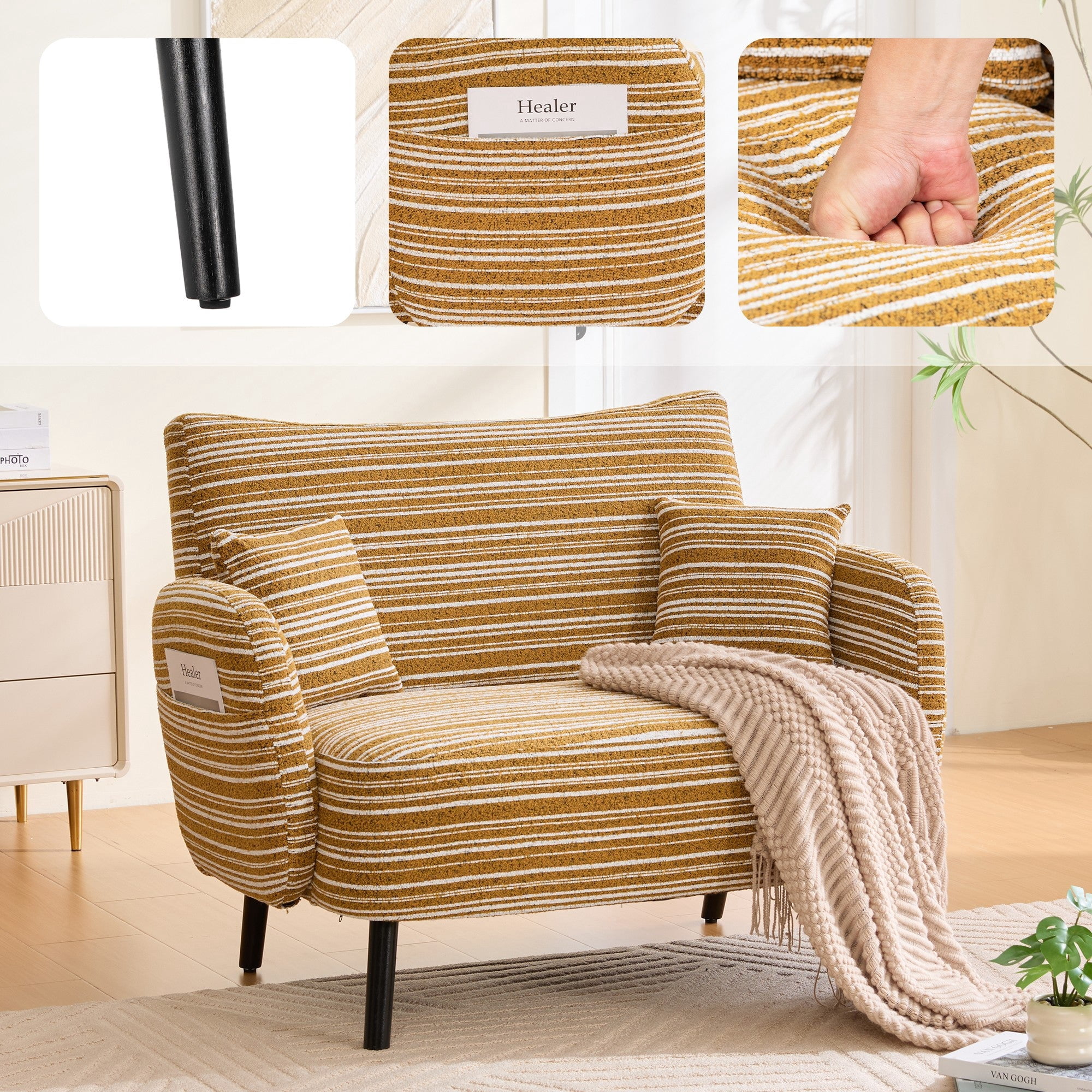 Sailvan Modern 2-Seater Loveseat Sofa with Side Storage Pockets & Armrest Pillows,Deep Seated Small Space Couch Mustard yellow