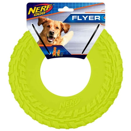 Nerf Dog 10" Green Tire Flyer Dog Toy - Durable TPR, Lightweight, Floating Frisbee Flyer