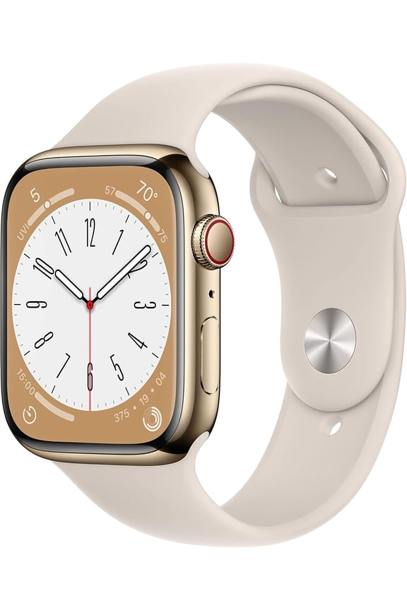 Restored Apple Watch Series 8 GPS + Cellular 45mm Gold Stainless Steel Case with Starlight Sport Band - M/L. Fitness Tracker, Blood Oxygen & ECG Apps, Always-On Retina Display (Refurbished)