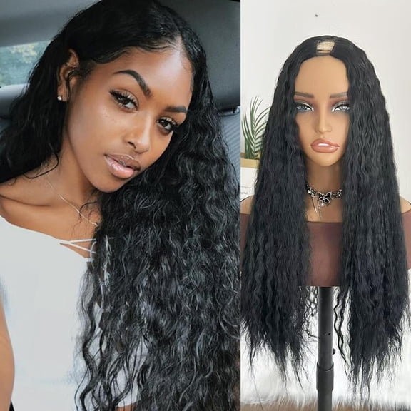 SHILIU-Loose Curly V Part Wig Scalp Protective U Part Wigs No Sew in Glueless Clip in V Part Half Wig 26Inch Long Synthetic Loose Wavy Half Hair Wigs for Black Women