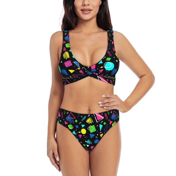 Kdxio Geometric 1980s Styled Print Women's 2 Piece High Waisted Wrap Spaghetti Strap Summer Swimsuit Bikini Set-Small