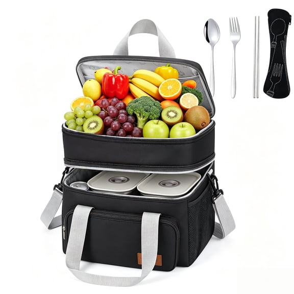 Insulated Lunch Bag Women with 4pcs Stainless Steel Cutlery Set, Double Deck Leakproof Reusable Lunch Box Bag for Work Picnic Travel, with Adjustable Strap