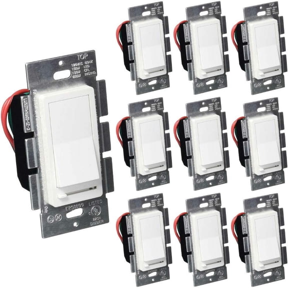 3-Way White Dimmer Switch, Single Pole, Decora, Rocker Switch, Slide Dimmer, 150W LED, for Dimmable LED, Fluorescent and Incandescent Lights, 10 Pack