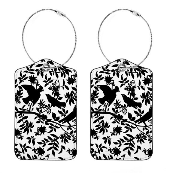 Luggage Tag, Travel Tags, Handbag Tag - Square PU Leather 2 Pack with Privacy Cover and Stainless Steel Ring - Suitable for Travel, Backpack, Handbag [Amazon Approved] Vintage Birds