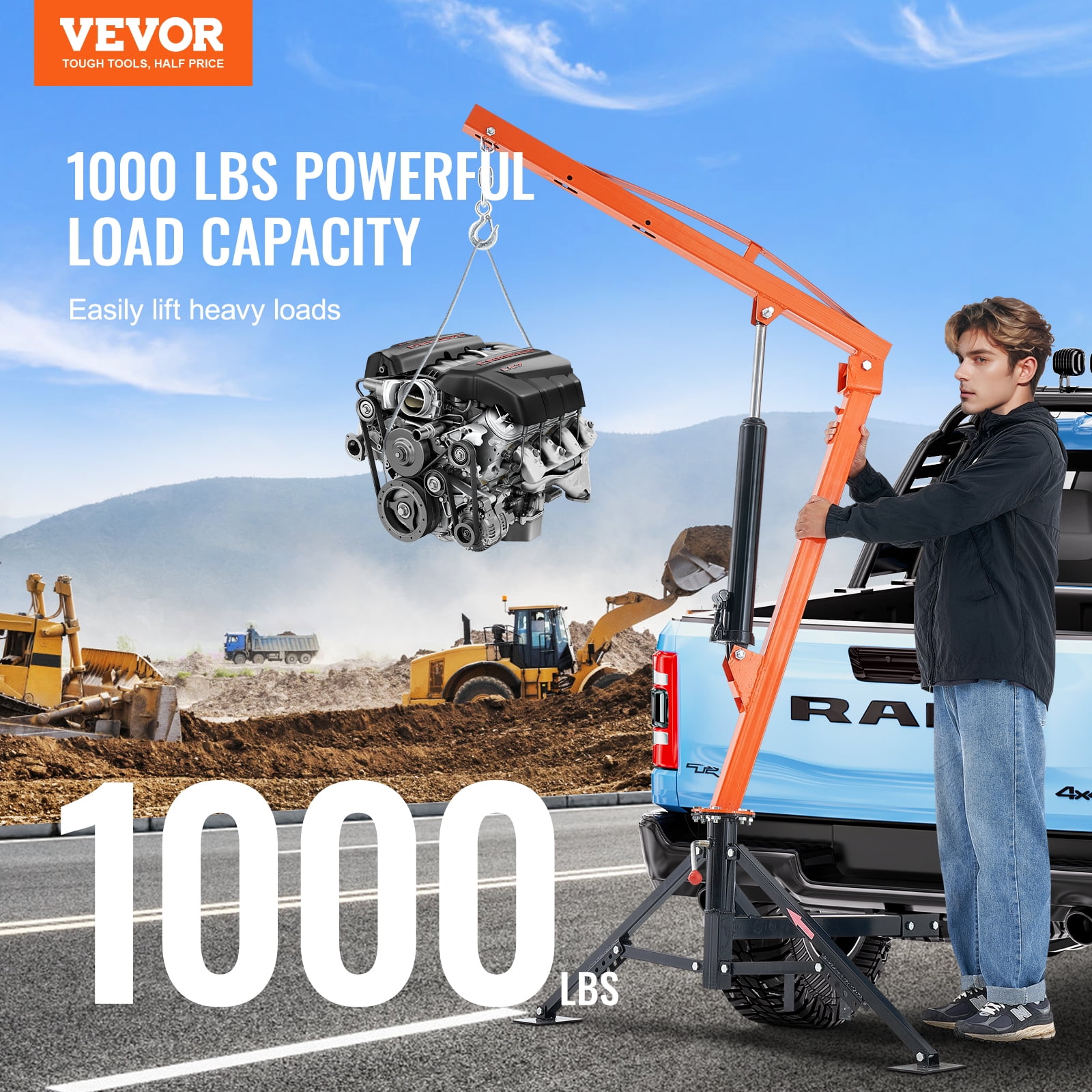 VEVOR Hydraulic Pickup Truck Crane, 1000 lbs Capacity, 360° Swivel, Hitch Mounted Crane with Three Boom Capacities of 500 lbs, 750 lbs & 1000 lbs, for Lifting Goods in Construction, Forestry, Factory