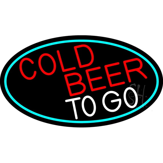 Red Cold Beer To Go Oval With Turquoise Border LED Neon Sign 20 x 37 - inches, Clear Edge Cut Acrylic Backing, with Dimmer - Bright and Premium built indoor LED Neon Sign for Bar decor.