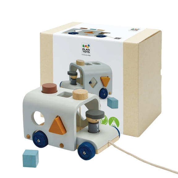 PlanToys® Wooden Shape Sorting Bus Toy for Kids Ages 3  | Montessori Pull Along & Colour Learning Activity for Sorting, Coordination & Fine Motor Skills | Eco-Friendly Educational Playset
