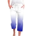 thumbnail image 3 of lcziwo Linen Capri Pants for Women Summer Gradient Print Cropped Pants Casual Drawstring Waisted Loose Wide Leg Trousers with Pockets Blue L, 3 of 6