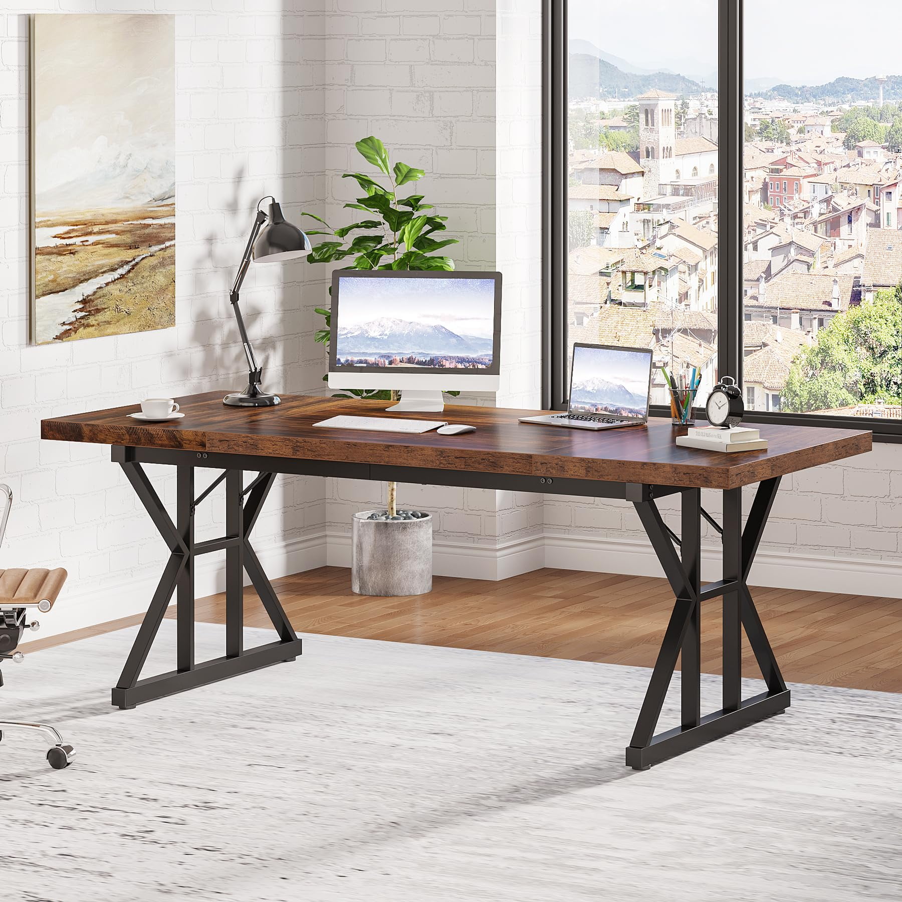 Finmind 71" Executive Desk, Large Computer Desk Study Writing Table for Home Office (Brown/Black)