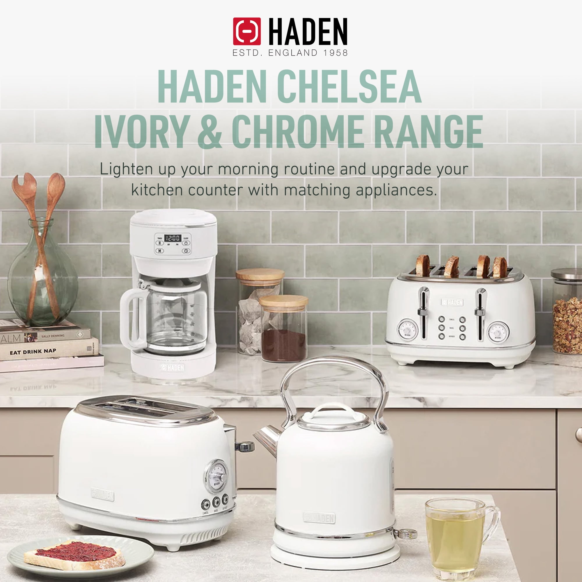 Open Box Haden Chelsea 10 Cup Drip Coffee Maker w/Glass Carafe, Ivory & Chrome