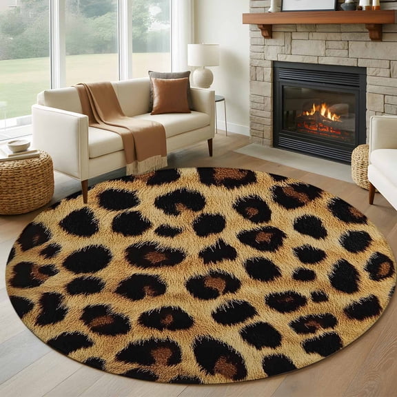 Round Area Rug 5ft, Leopard Print Non-slip Area Rugs for Living Room/Bedroom/Bathroom/Kitchen, Brown Yellow Retro Animal Fur Pattern Washable Throw Floor Mat Indoor Outdoor Entrance Doormat