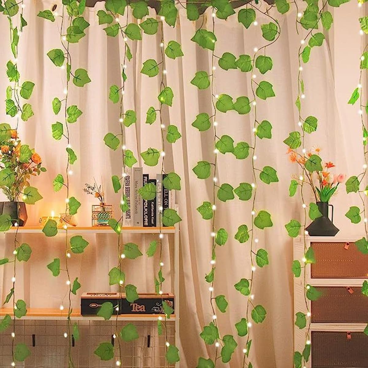 EONQY Window Curtain String Lights, Artificial Ivy Garland Fake Plants String Light, for Wedding Party Garden Outdoor Greenery Wall Decoration