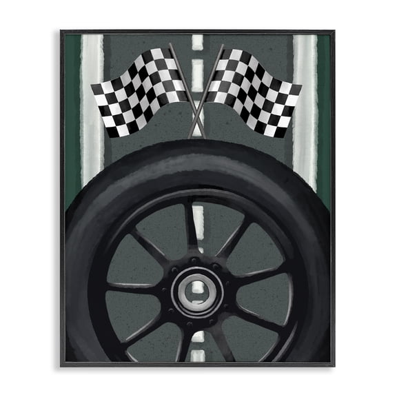 Stupell Industries Contemporary Racetrack Flags & Tire Black Framed Giclee Art, 11 x 14, by Jennifer Stith