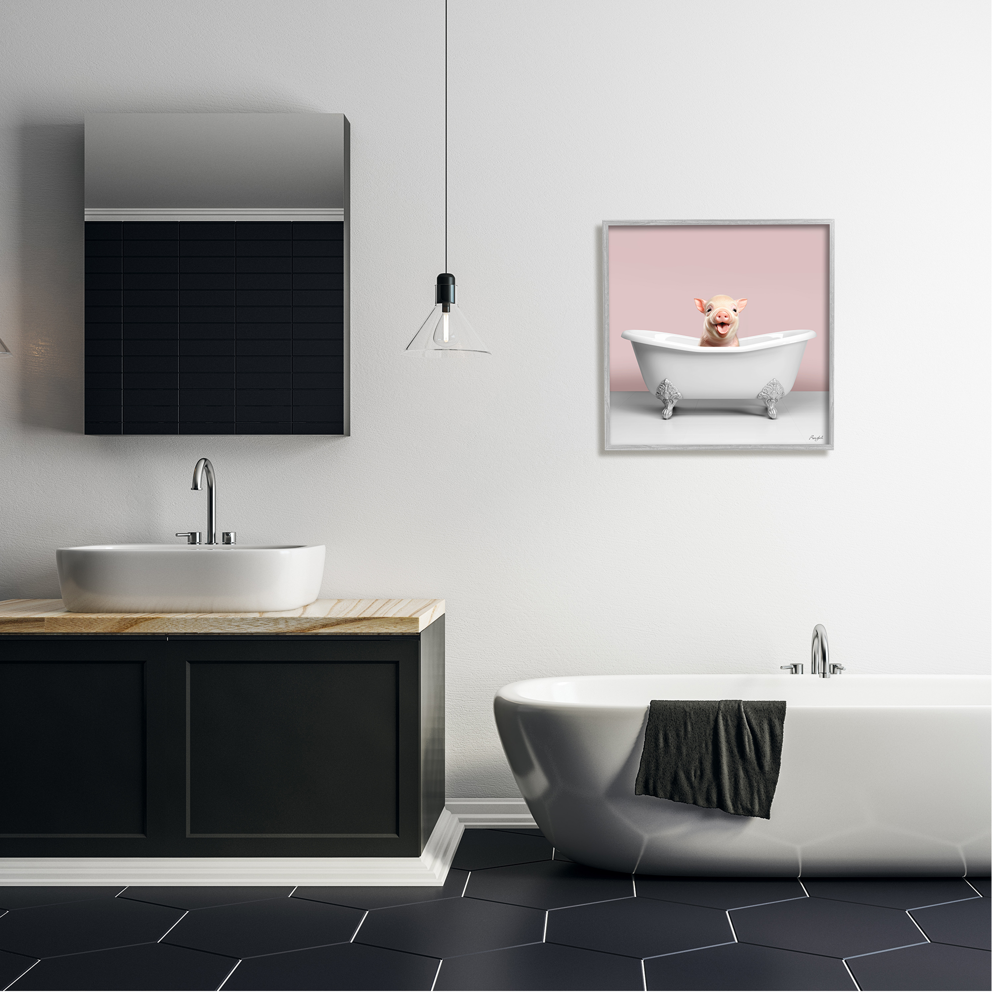 Stupell Industries Pastel Piglet in Bathtub Animals & Insects Painting Gray Framed Art Print Wall Art, 24 x 24