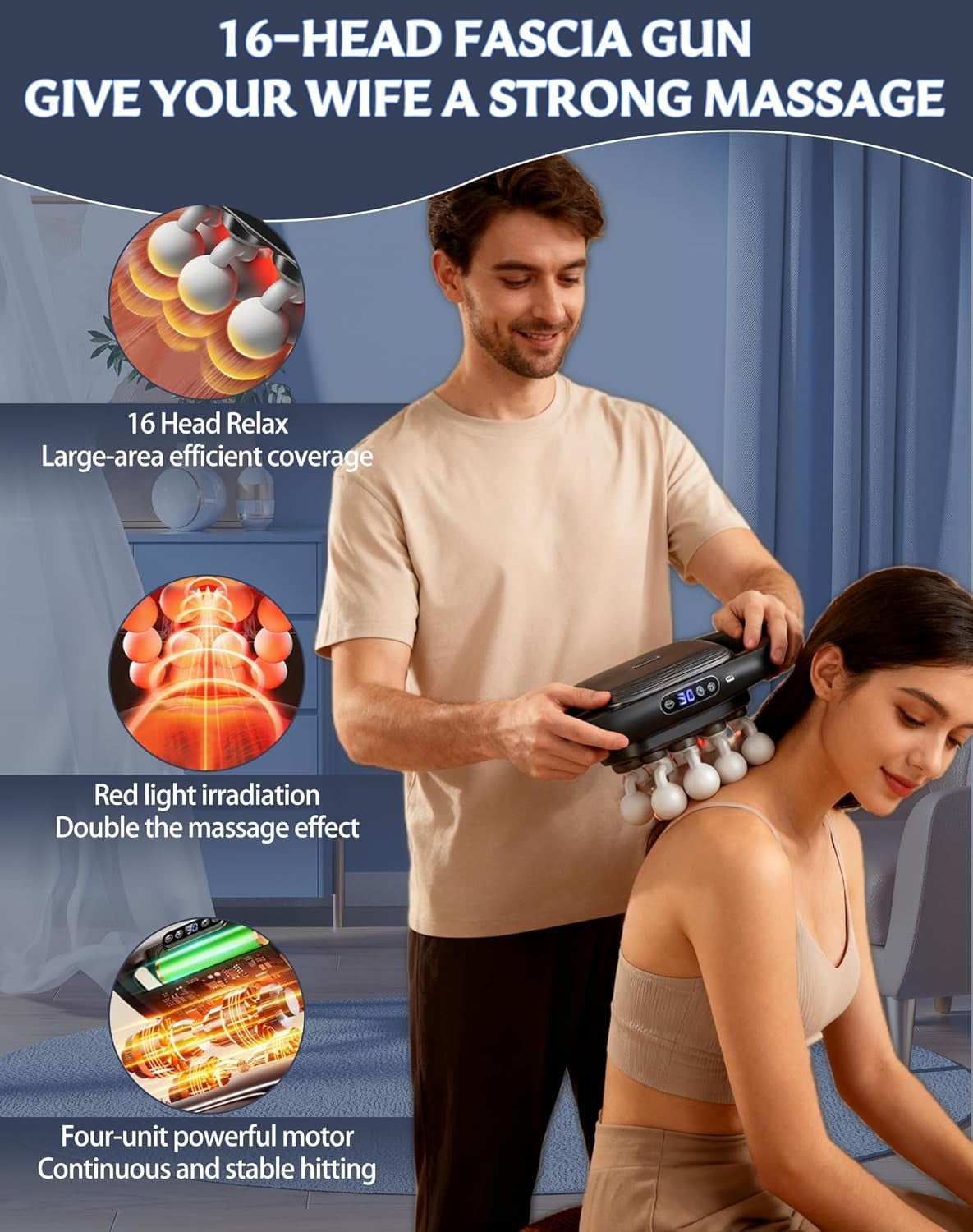 Husband 2.0 Knot Buster, 16 Ball Massager, 16 Head Massage Gun Deep Tissue in 5 Minutes, 3 Modes & 30 Intensities, Ultra-Quiet, for Shoulder Back Waist