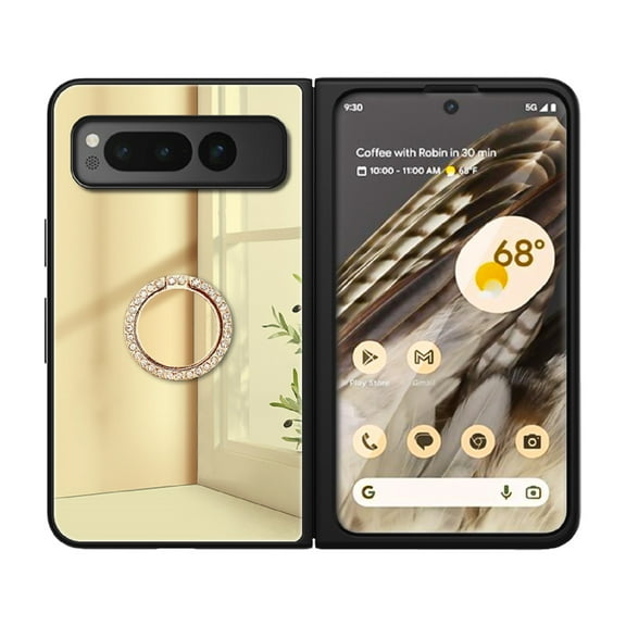 Nalacover Mirror Phone Case for Google Pixel Fold with Diamond Ring Holder Bracket Clear Imaging Cover, Slim Fit Makeup Soft Silicone Shockproof Lens Protection Case for Women Girls,Gold