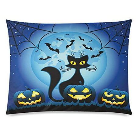 ZKGK Happy Halloween Funny Cat Pumpkin Face Home Decor Pillowcase 20 x 30 Inches,Moon Star Bat Spiderweb Blue Pillow Cover Case Shams Decorative