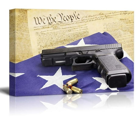 - A 45 Caliber Handgun and Ammunition Resting on a Folded Flag Against the United States Constitution - Canvas Art Wall Decor - 16
