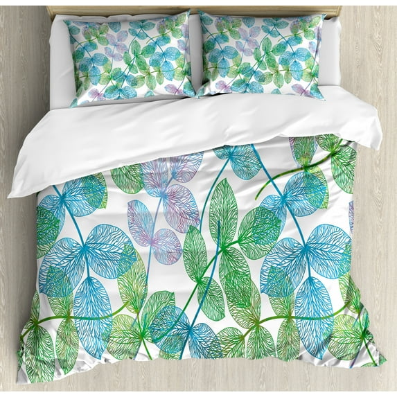 Floral Duvet Cover Set, Flowers Leaves Ivy Vein Like Rainbow Ombre Colored Art Print, Decorative 3 Piece Bedding Set with 2 Pillow Shams, King Size, Fern Green Pale Blue, by Ambesonne