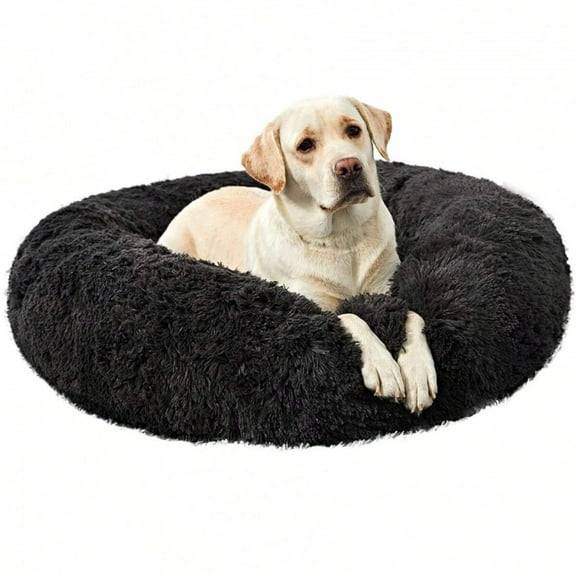 JQDWMDLX Dog Bed, Cat Calming Bed, Faux Fur Pillow Pet Donut Cuddler Round Plush Bed for Large Dogs and Cats,Black-XL