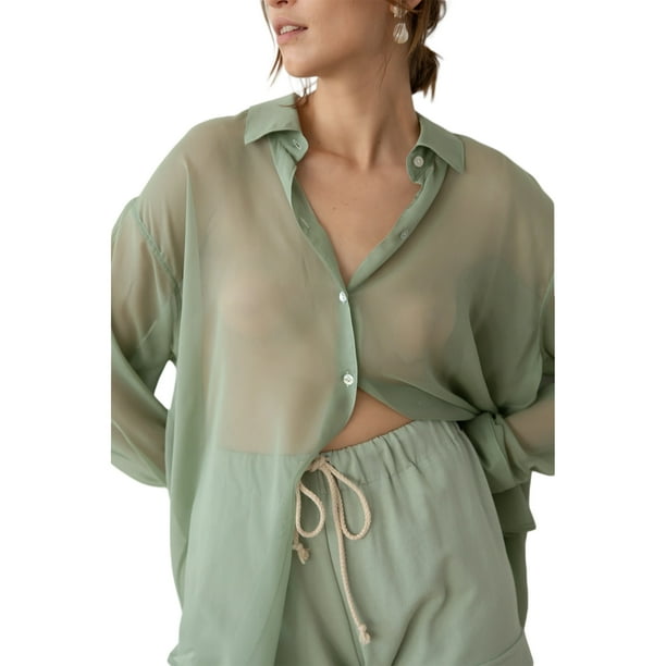 SAYOO Blusa femenina, solapa, botón de manga larga, blusa transparente para mujeres SAYOO moda
