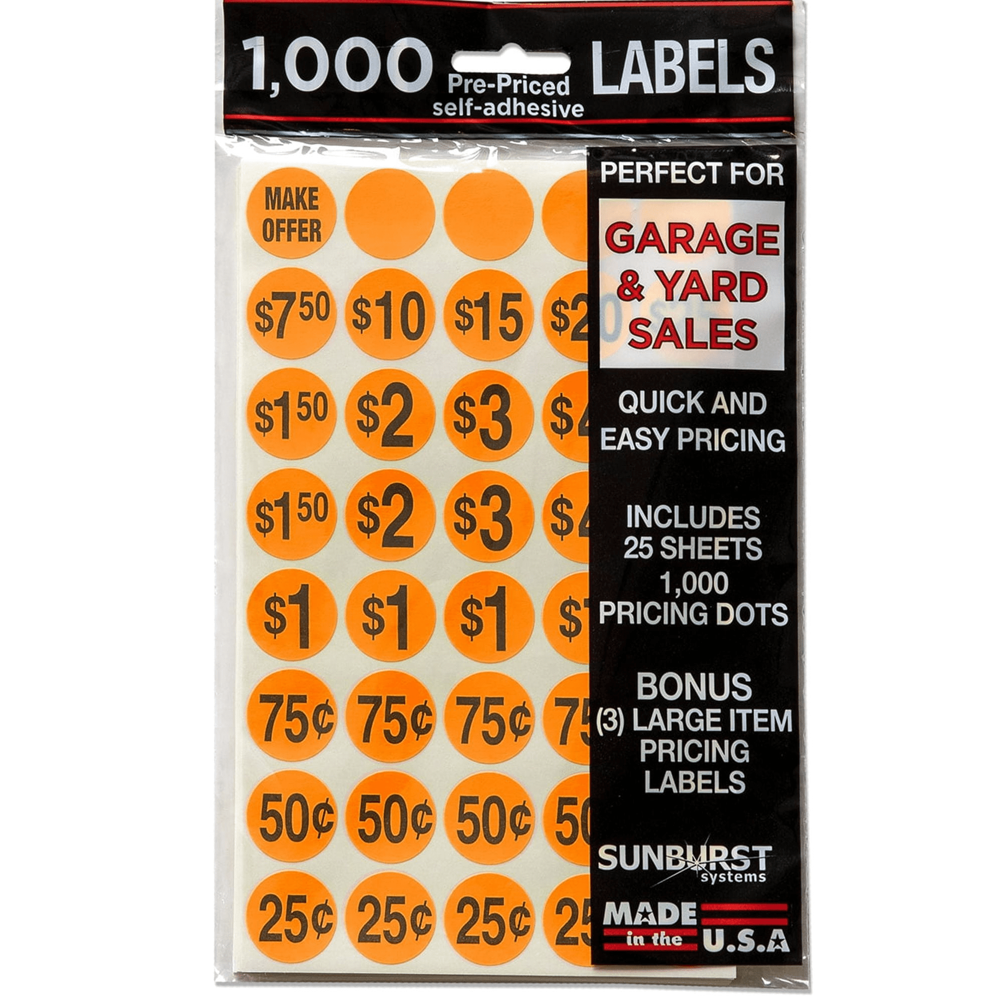 Sunburst Systems 7037 Orange 1,000 count pre-priced label stickers for Garage and Yard Sale