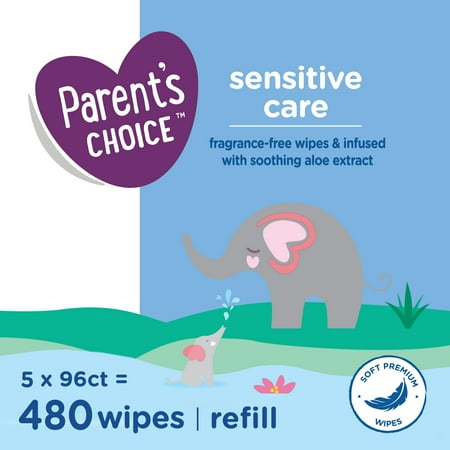 Parent's Choice Sensitive with Soothing Aloe Baby Wipes, 5 Packs of 96 (480 Count)