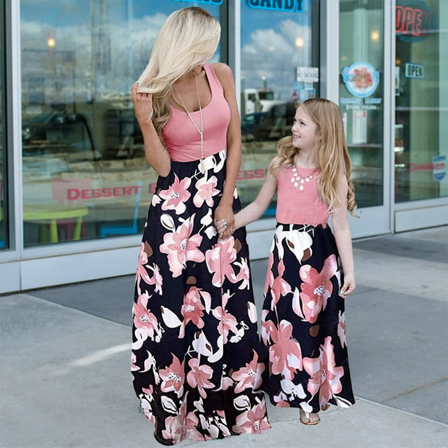 HAWEE Robes Maxi Assorties Maman et Moi, Haut Sans Manches Bohème à Imprimé Floral Tenues Assorties avec Poches