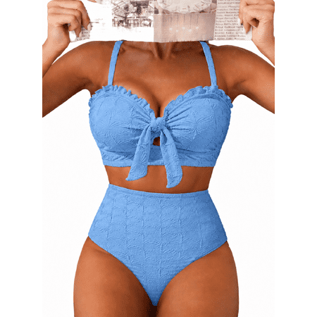 DOKOTOO Women Swimsuit High Waisted Bikini Sets Tummy Control Swim Suits Textured Two Piece Bathing Suit Bow Front Swimwear Beachwear Summer Vacation S-2XL
