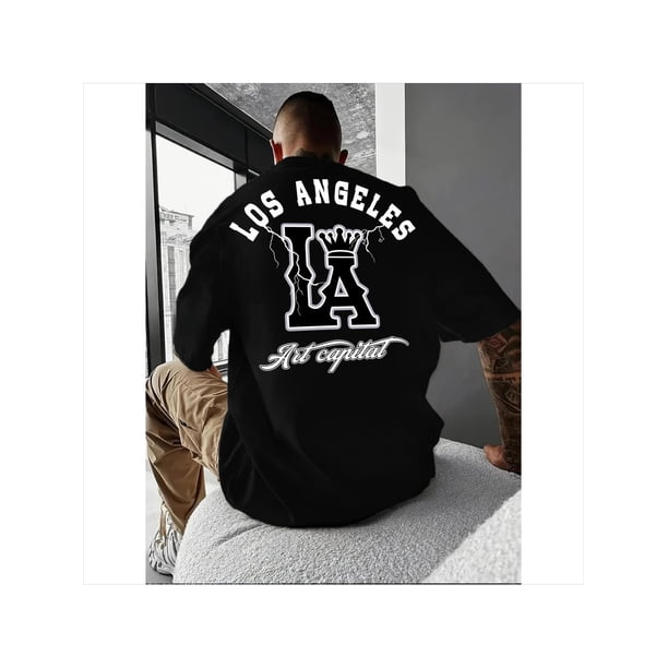 Men's Casual LA Graphic T-Shirt - Breathable Stretch Fabric, Fit with Crown & Script Lettering, Beige Summer Tee for Outdoor Activities & Casual Attire, Machine Washable, Leisure Clothing, C