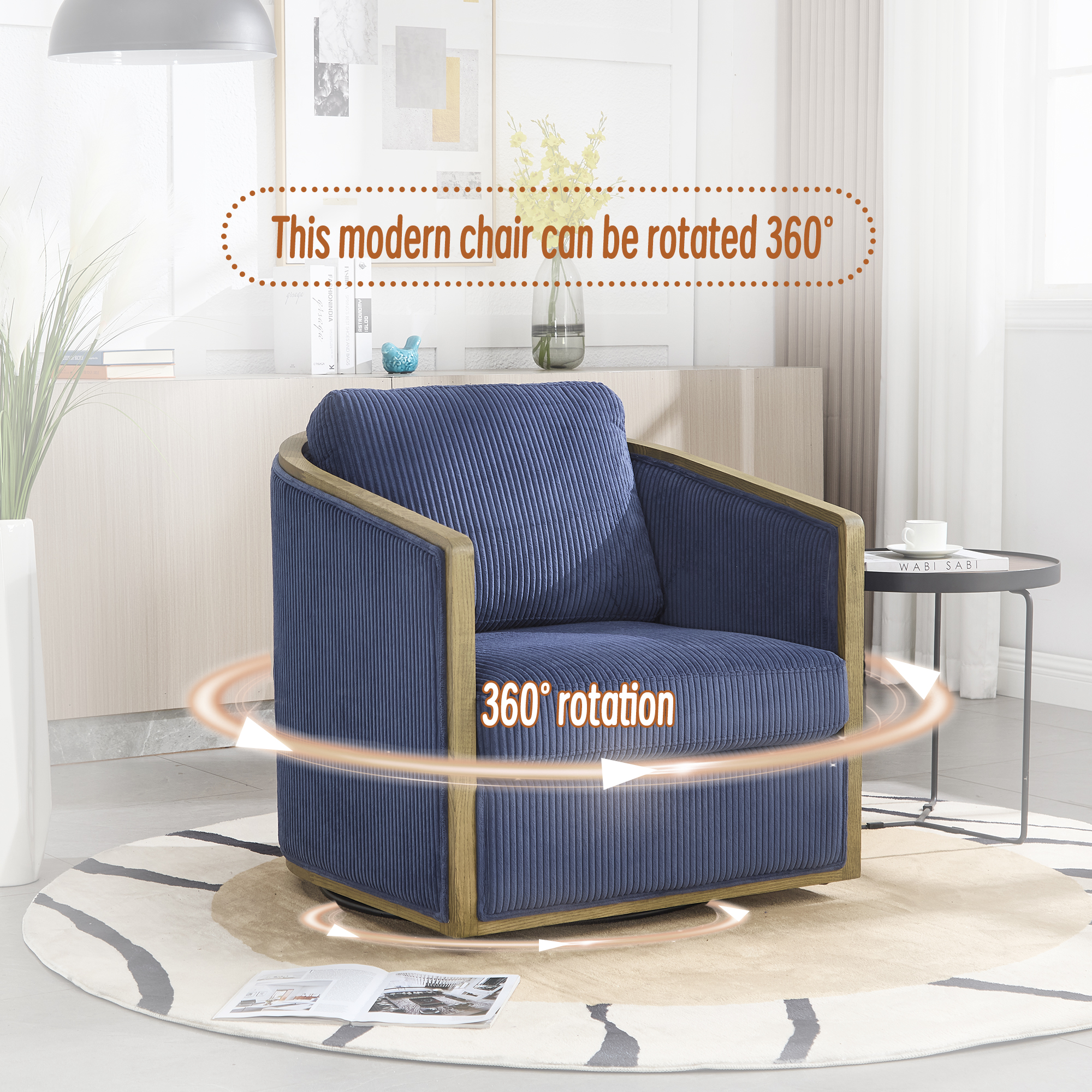 MOONMISS Corduroy Upholstered 360°Swivel Comfortable Round Barrel Chair for Living Room,Bedroom-Navy Blue