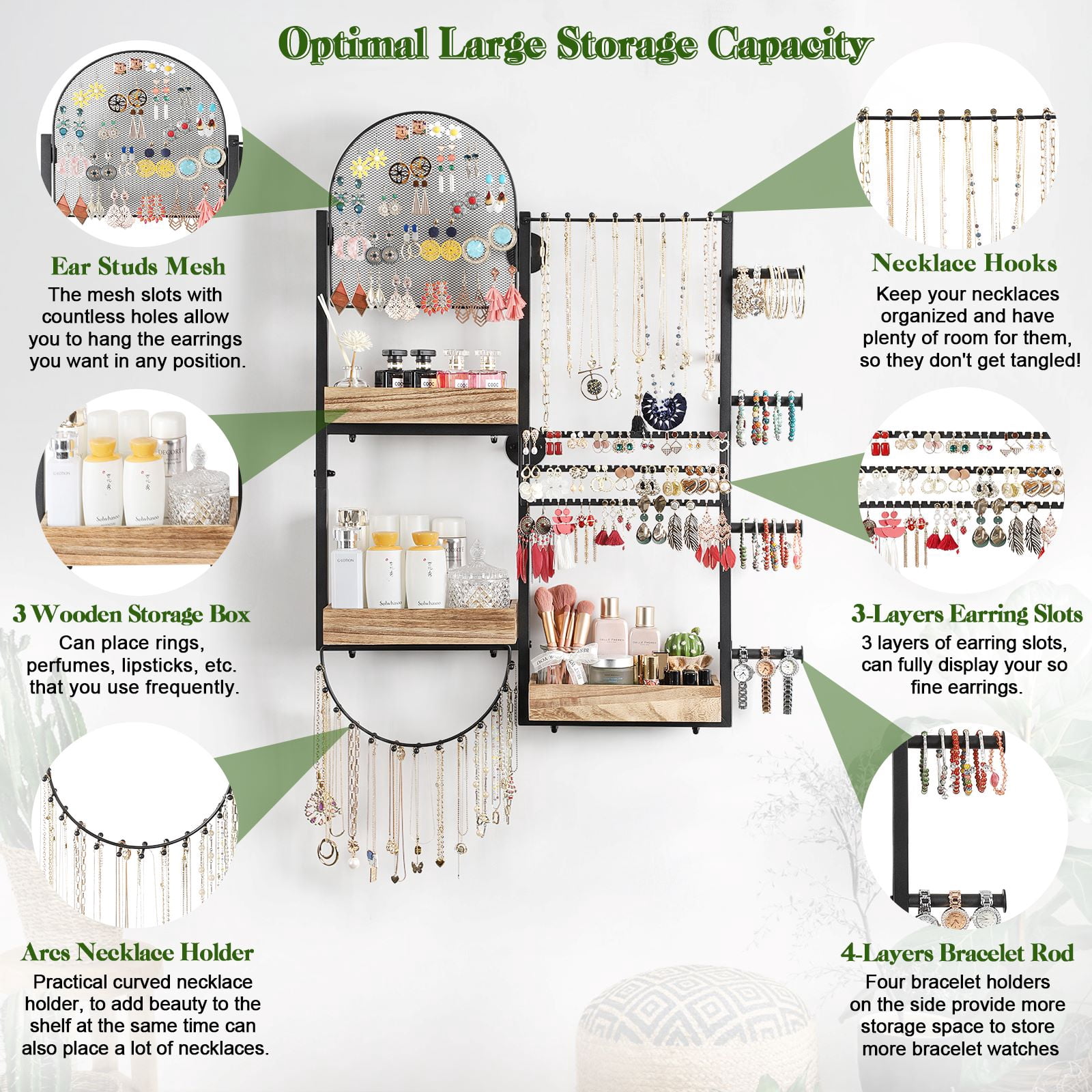 Olakee Large-Capacity Jewelry Organizer Wall Mount with 3 Wood Boxes for Earring, Necklace, Bracelet, and Perfume Display, Girls & Women, Modern, Brown