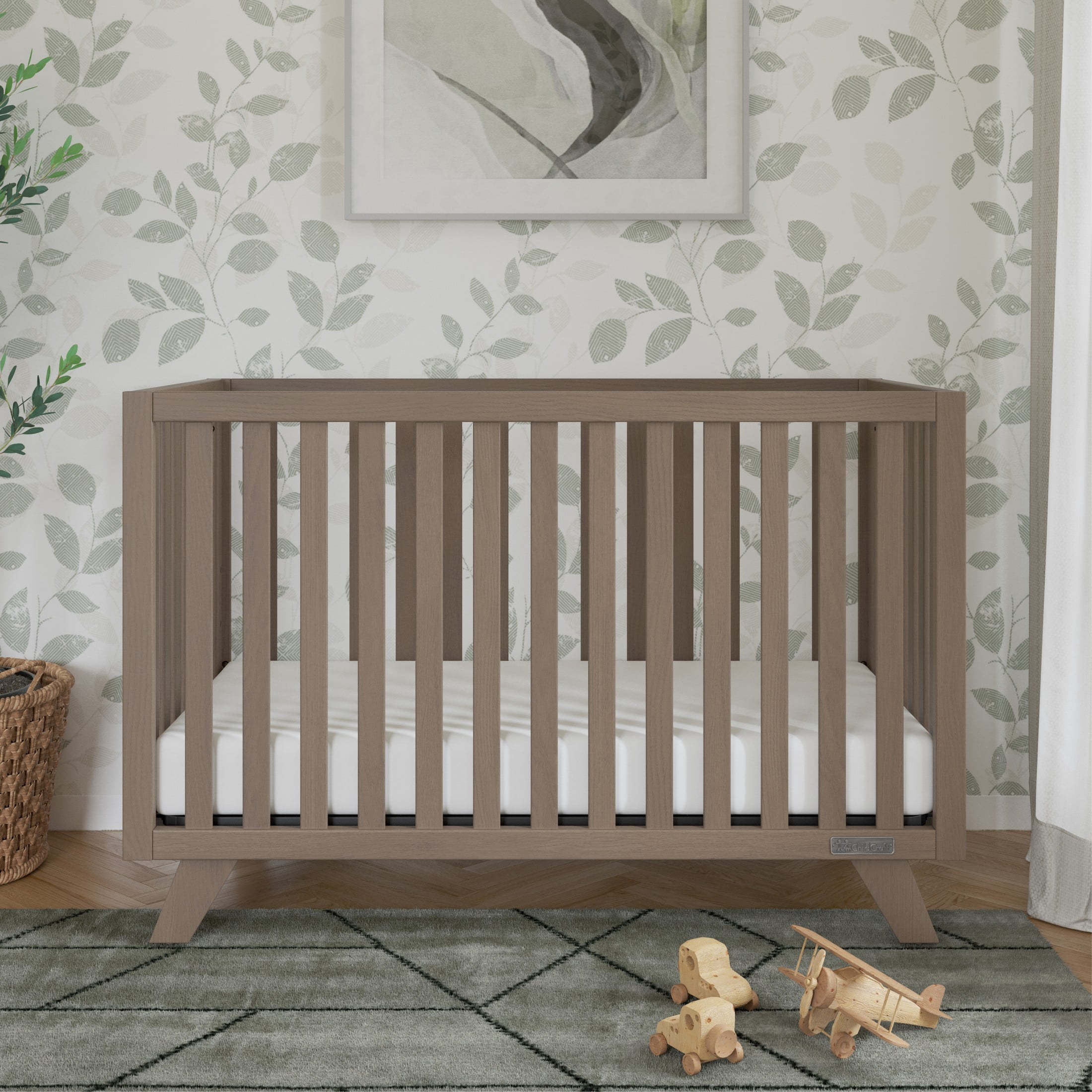 Child Craft SOHO 4-in-1 Convertible Crib, Canted Leg Mid-Century Design, 3 Mattress Heights, Dusty Heather