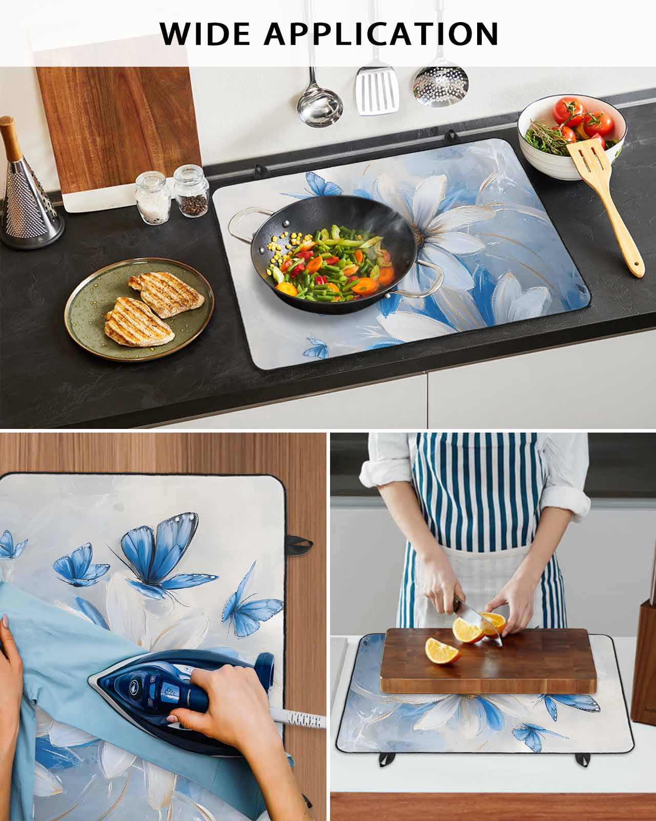 nqOlkjepod Large Induction Cooktop Protector Mat 24"x21", White Blue Flowers Stove Top Covers for Electric Stove, Pastoral Elegant Butterfly Floral Stove Burner Cover Mats, Glass Top Stove Cover