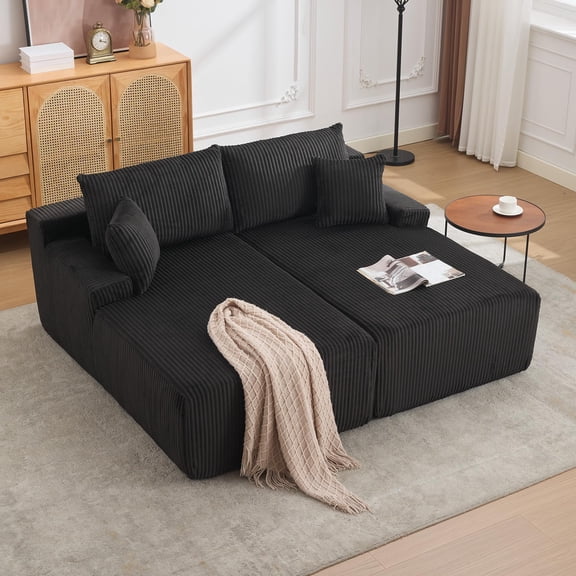COZONY 80" Oversized Double Chaise Lounge with 4 Pillows, Cloud Plush Sofa Bed, Deep Seat, No Assembly Required, Corduroy Fabric,Black