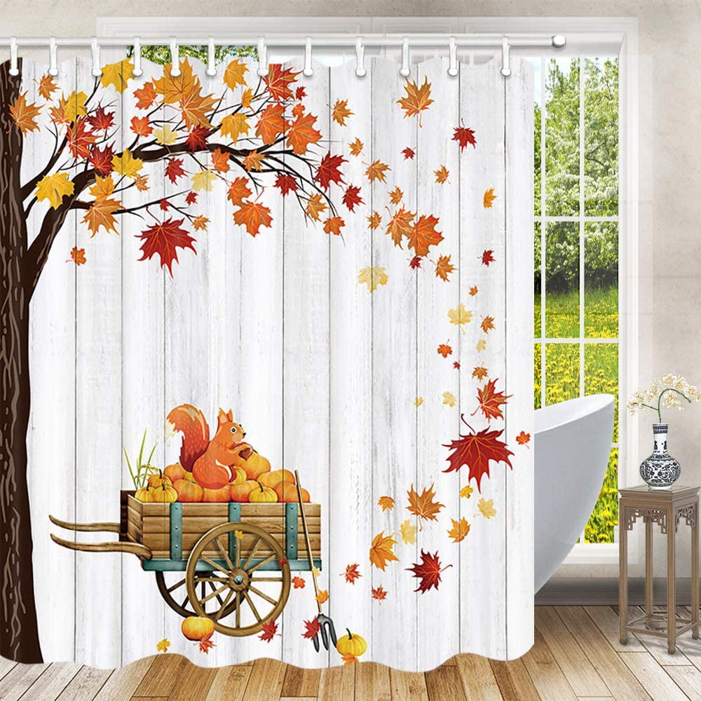 Fall Leaves Shower Curtain Autumn Thanksgiving Bathroom Decoration Farmhouse 