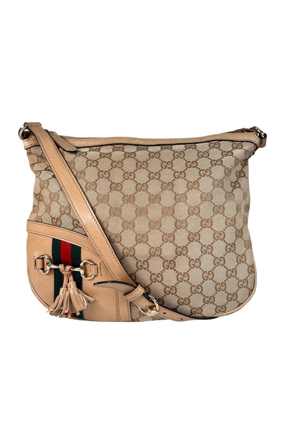 Pre-Owned GUCCI Horsebit Tassel Sherry Line 232967 Shoulder Bag GG Canvas Beige Women's