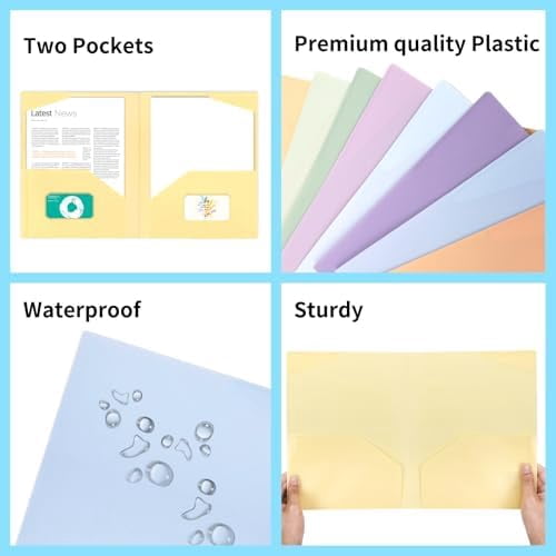 Quivanta 32pcs Plastic Folders with Pockets, Heavy Duty Pocket File Folders, 2 Pocket Folders with 2 Business Card Holder, 8 Colors, Letter Size, A4 Size, for Office School Filing Supplies