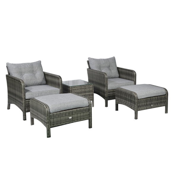 Homiyad 5-Piece Gray Rattan Wicker Lounge Chair Set Outdoor Patio Conversation with Cushions Chairs Ottomans & Glass Table | Aosom.com