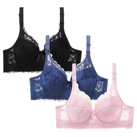 WREESH Womens 3 Pack Lace Bralette Soft Padded Push Up Bras Adjustable Strap Wireless Plunge Bra Comfortable Everyday Bra Underwear Black