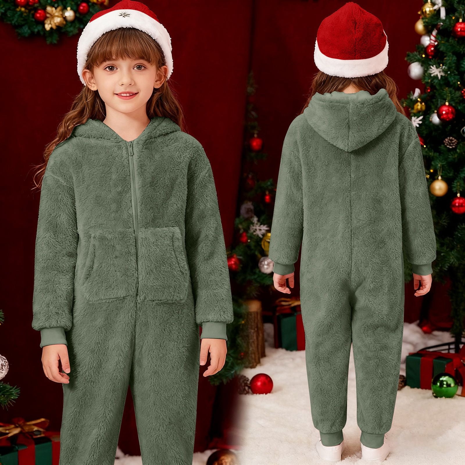 Adeawade Child Spring Onesie For Boys 5-6 Years Long Sleeve Round Neck Boys Warm Hooded Onesie Jumpsuit Winter Warm Lined Pajama Outfit For Toddler Kids Relax Fit Wear Dark Green
