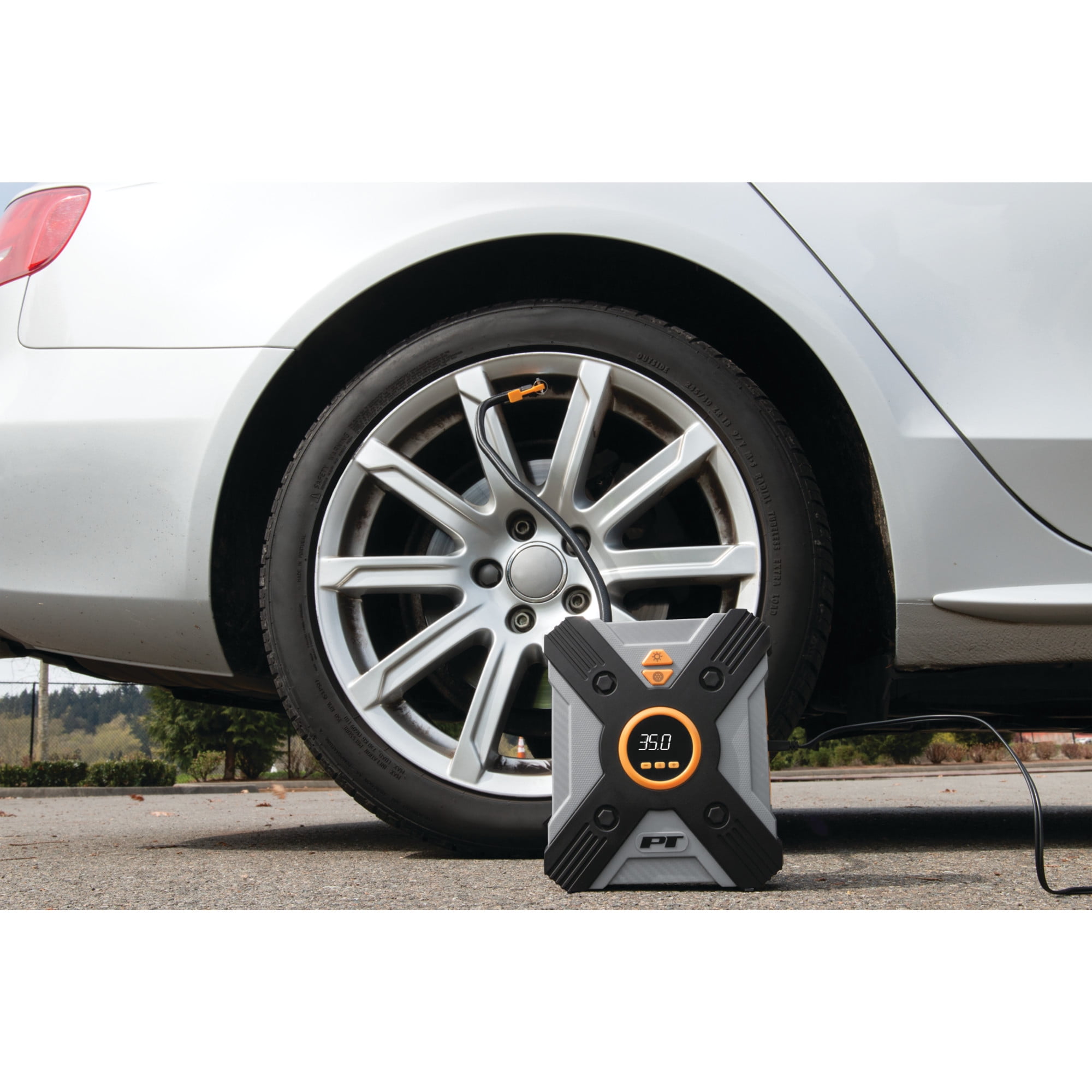 Performance Tool Vortex E00005 AC/DC Powered Tire Inflator w/ LED Light, Lever-Locking Air Chuck, Long Power Cord, Three Nozzles, Gray
