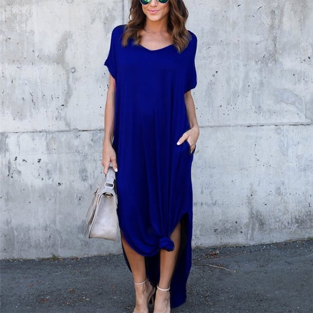 Sonducket Vestido de mujer con cuello en V Abertura Vestido largo Chica Ropa de manga corta Vestidos azul M