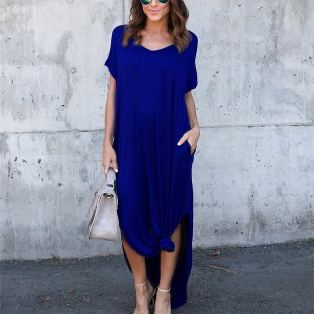 Sonducket Vestido de mujer con cuello en V Abertura Vestido largo Chica Ropa de manga corta Vestidos azul M