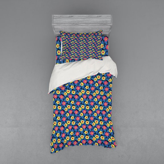 Ambesonne Floral Bedding Set 3 Pcs, Hand Drawn Simplistic Flower, Twin XL, Azure Blue Yellow Coral