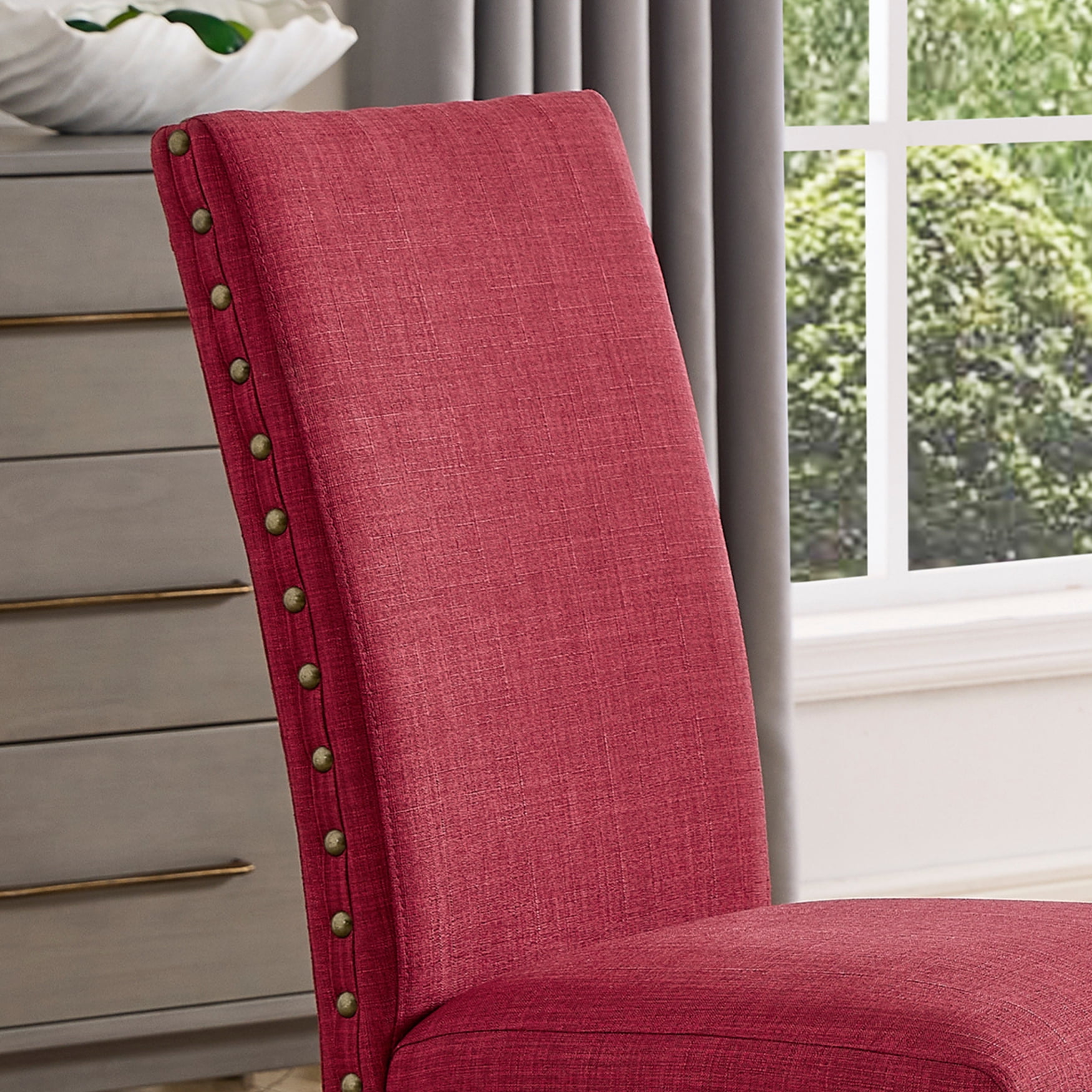 Roundhill Furniture Biony Fabric Dining Chairs with Nailhead Trim, Set of 2, Red
