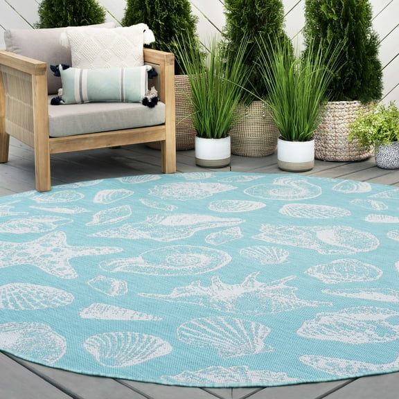 8ft Round Water Resistant, Large Indoor Outdoor Rugs for Patios, Front Door Entry, Entryway, Deck, Porch, Balcony | Outside Area Rug for Patio | Aqua, Coastal | Size: 7'10'' Round