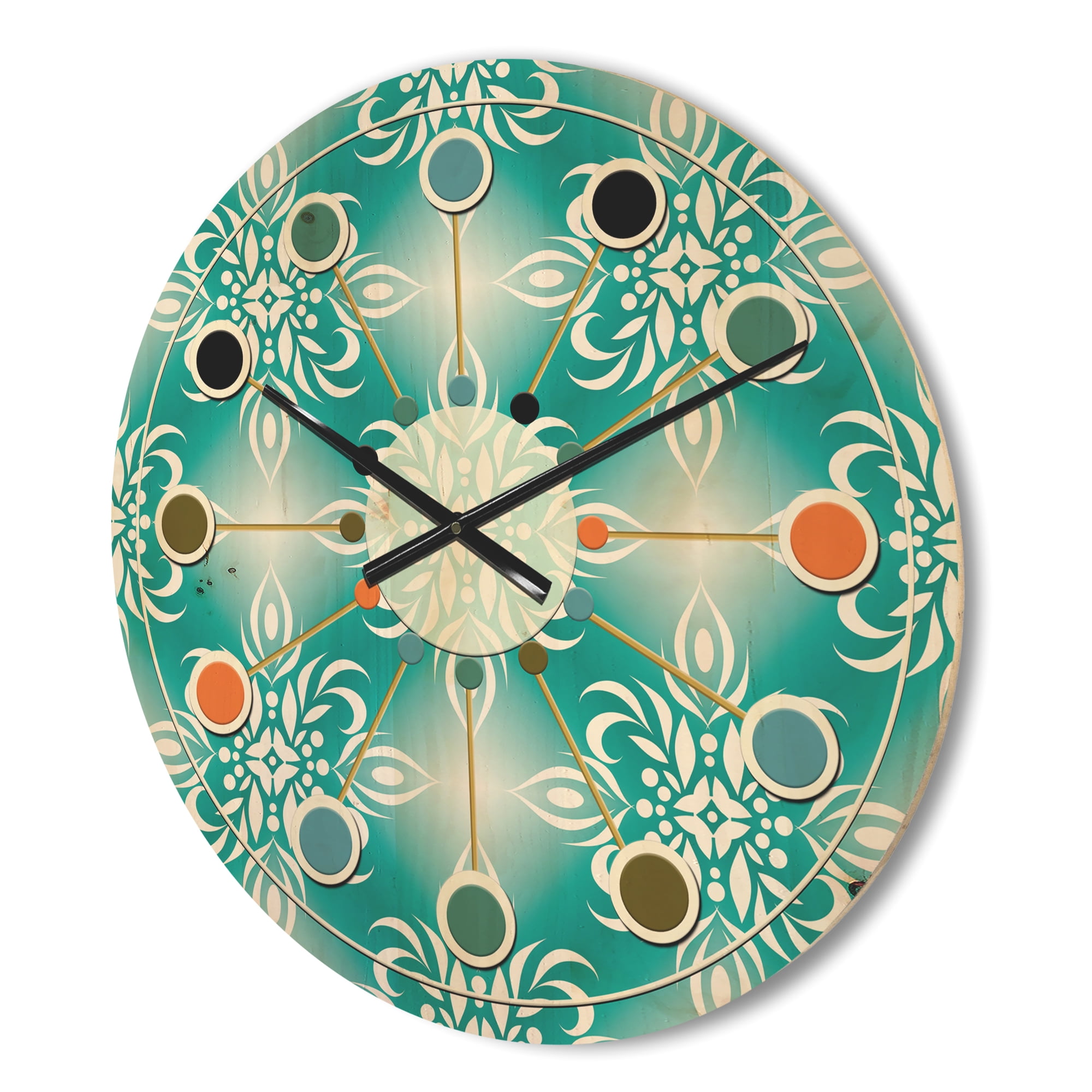 Designart 'Turquoise Retro Pattern' Mid-Century Modern Wood Wall Clock