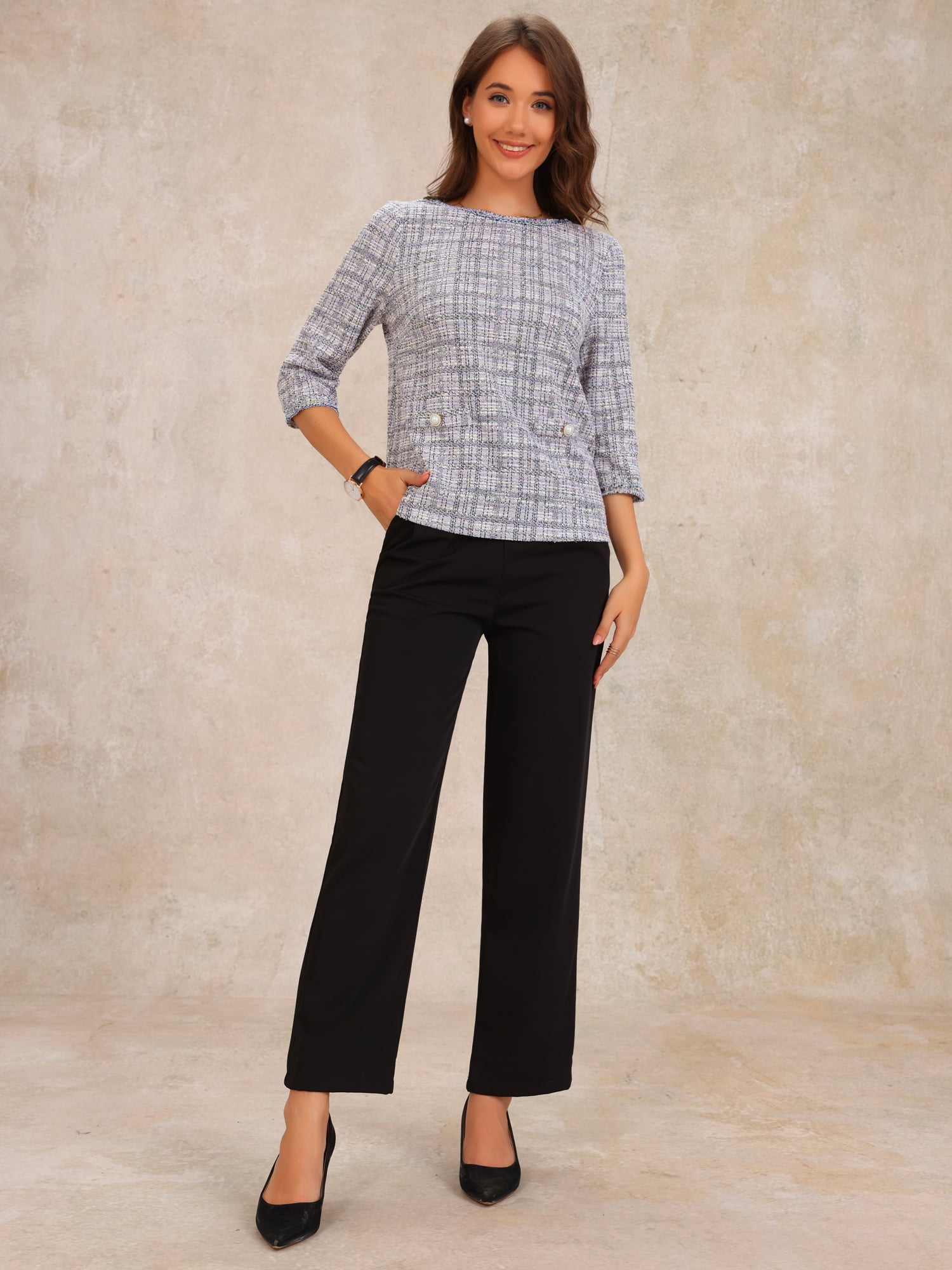 DARING DIVA Women's Tweed Plaid 3/4 Sleeve Button Decor Vintage Blouse XL Light Purple